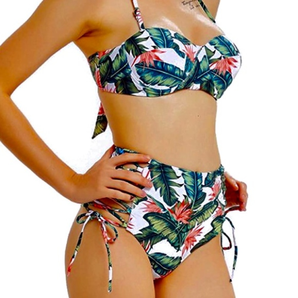 Lace Up High Waist Cheeky White Palm Leaf Bikini L